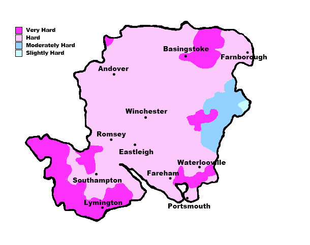 Hampshire Hard Water Areas Map of water hardness in Hampshire